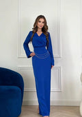 R&B | Elegant Langes Gerades Kleid Mit Langen Ärmeln Aus Satin Mit Modischem V-Ausschnitt