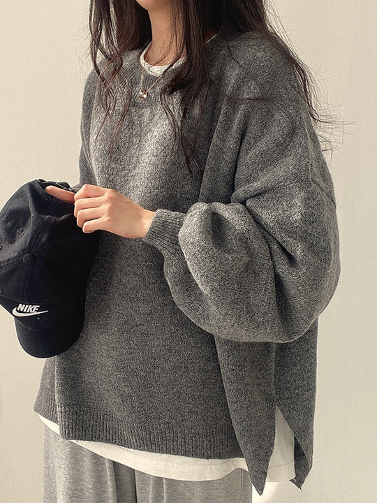 R&B | Einfarbiger Oversized Pullover mit Schlitzausschnitt