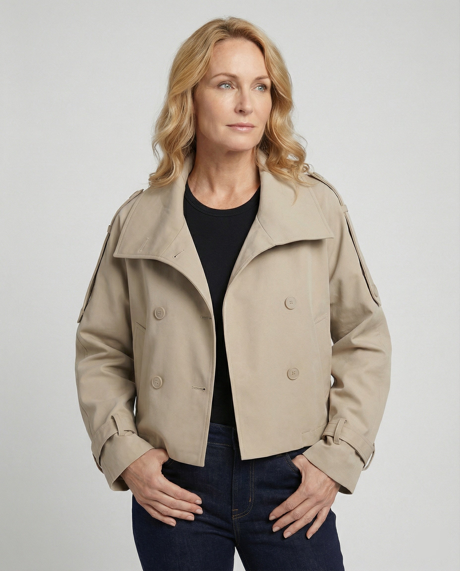 Kurze Zweireihige Windjacke mit Stehkragen für Damen Frühling