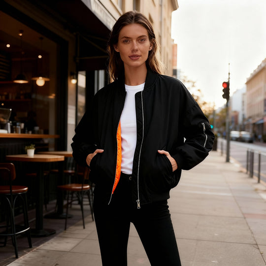 Damen lässige Oversized-Bomberjacke mit praktischen seitlichen Eingrifftaschen und Stehkragen R&B