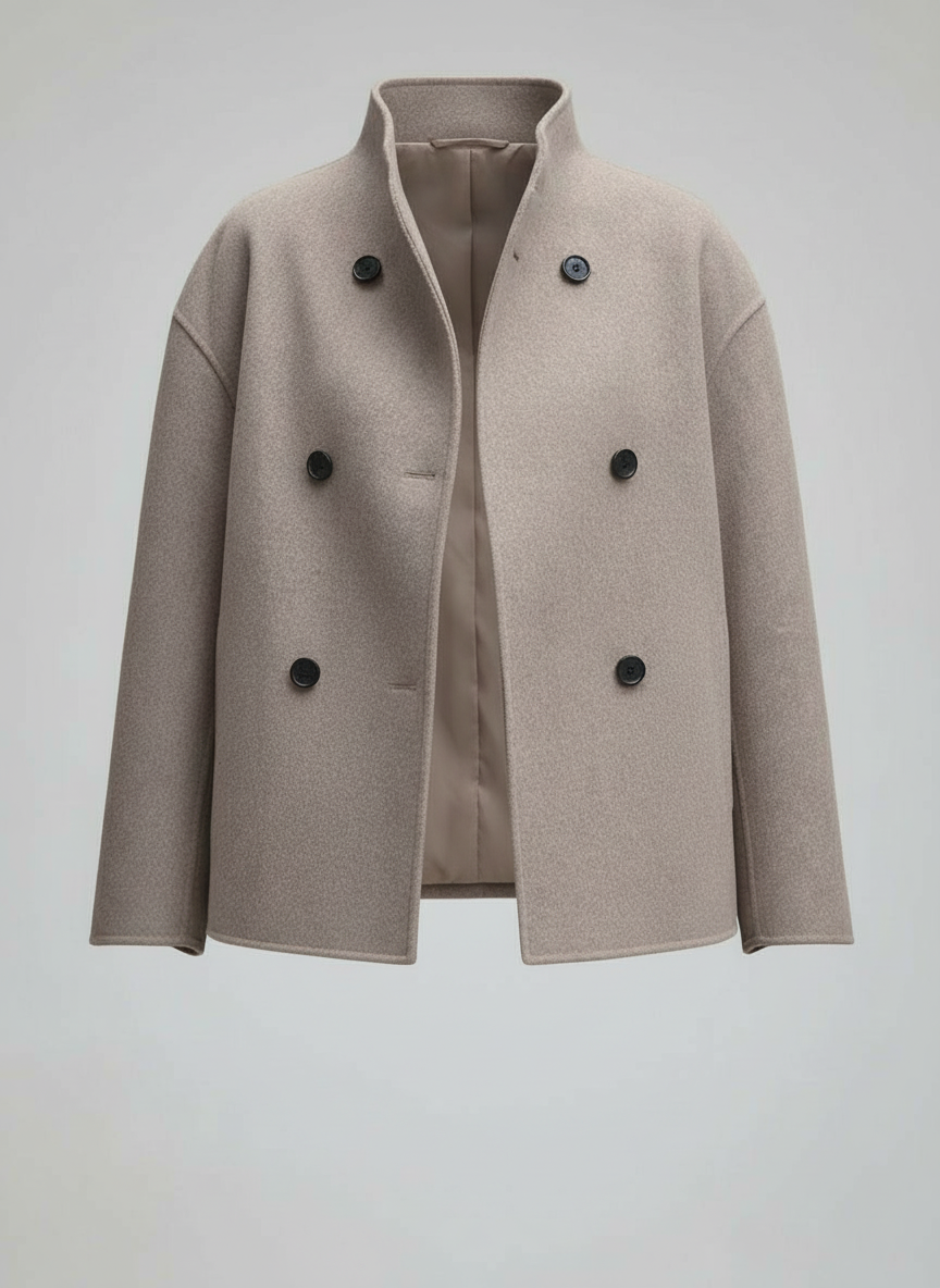 R&B | Damenjacke – Kurze Wolljacke in Beige mit Stehkragen & Knopfverschluss