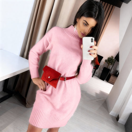 Damen Strickkleid mit hohem Kragen und Rippstruktur R&B