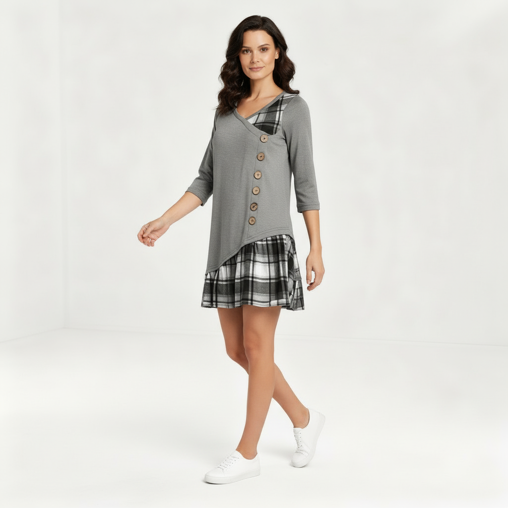 Langärmeliges Kariertes Damenkleid | R&B