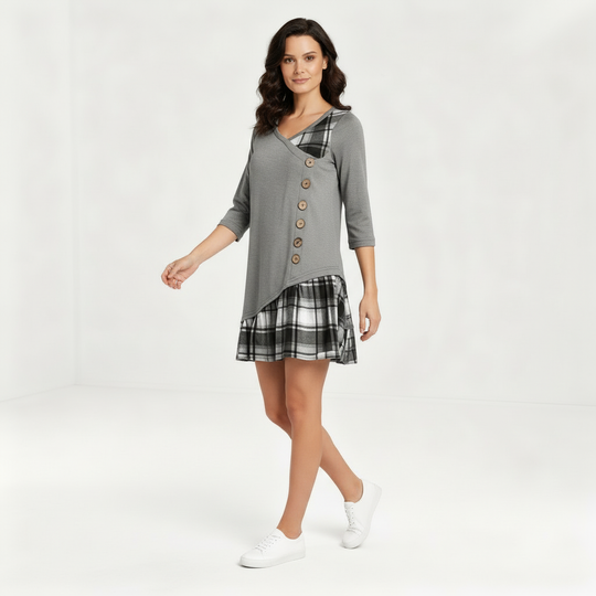 Langärmeliges Kariertes Damenkleid | R&B