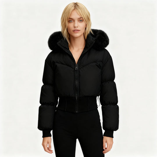 Damen cropped Daunenjacke mit abnehmbarer Kapuze und Kunstfellbesatz