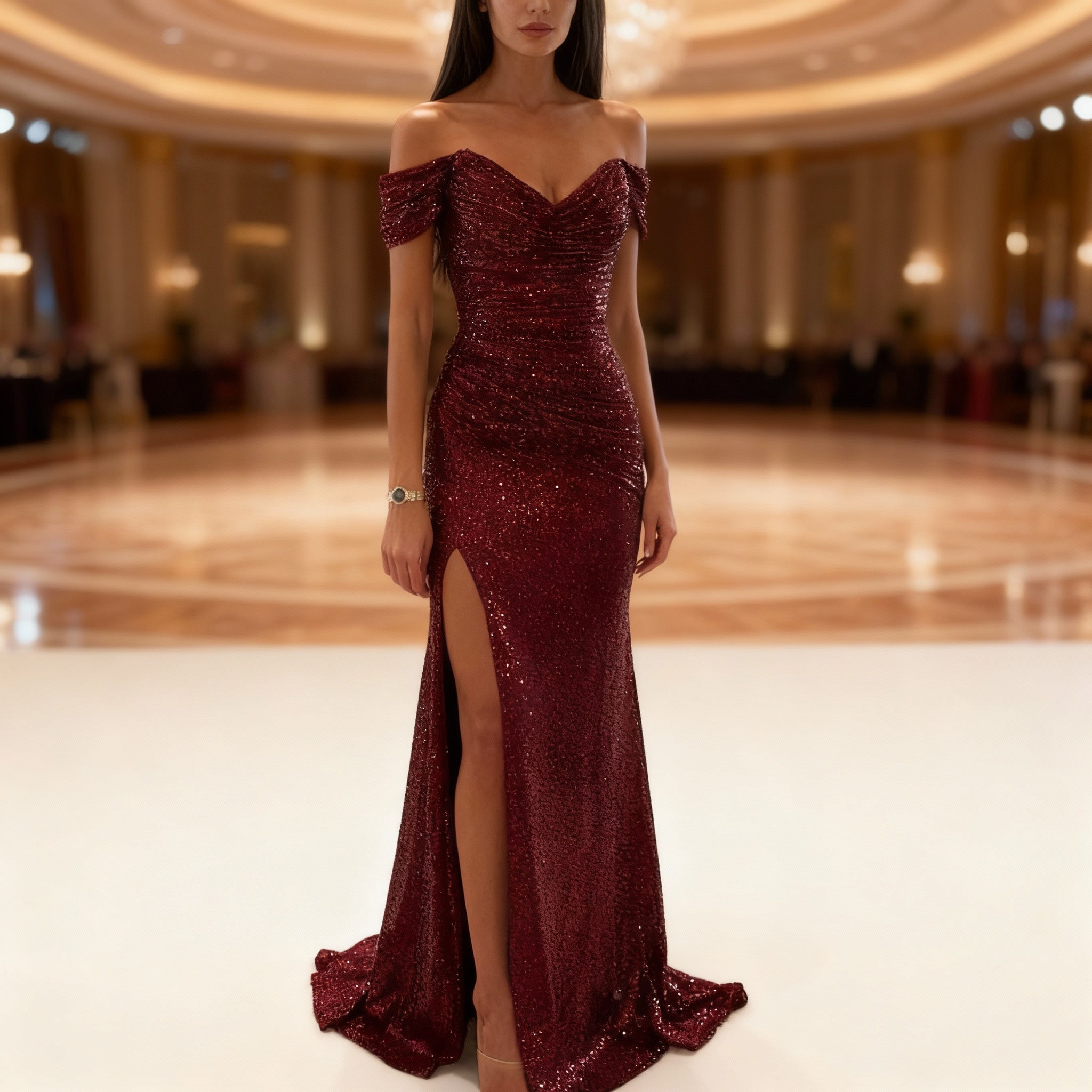 R&B | Off Shoulder Abendkleid mit Pailletten, Schlitz und Figurbetontem Schnitt für Damen