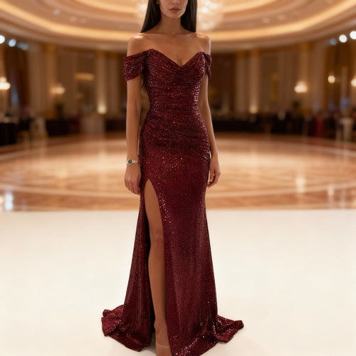 R&B | Off Shoulder Abendkleid mit Pailletten, Schlitz und Figurbetontem Schnitt für Damen
