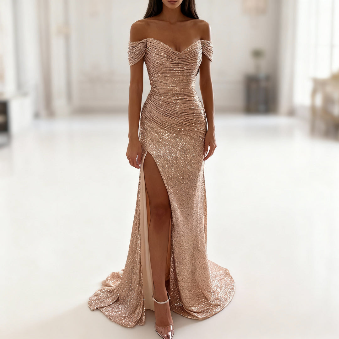 R&B | Off Shoulder Abendkleid mit Pailletten, Schlitz und Figurbetontem Schnitt für Damen