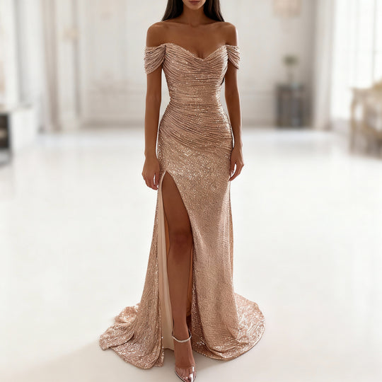 R&B | Off Shoulder Abendkleid mit Pailletten, Schlitz und Figurbetontem Schnitt für Damen