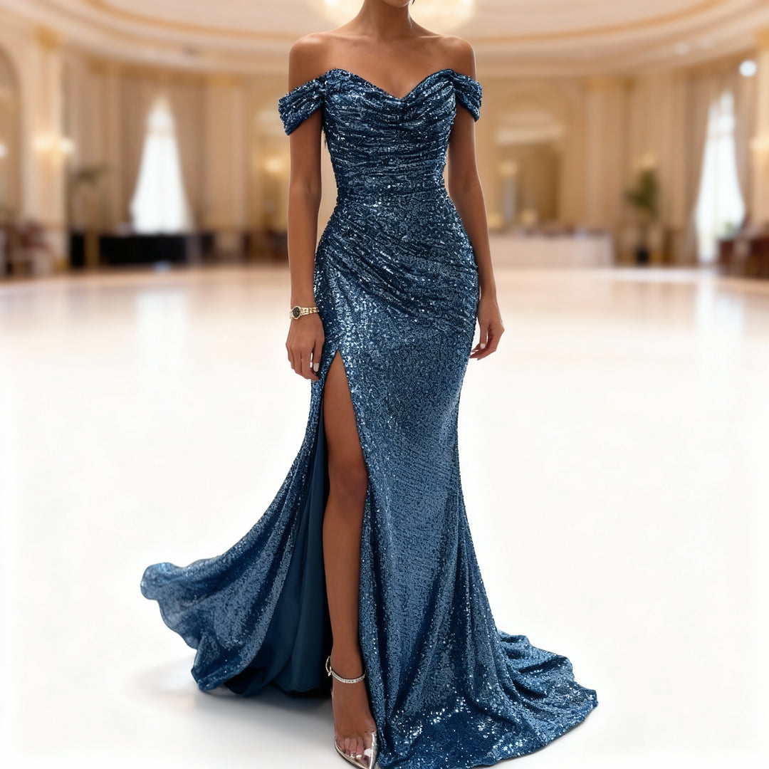 R&B | Off Shoulder Abendkleid mit Pailletten, Schlitz und Figurbetontem Schnitt für Damen