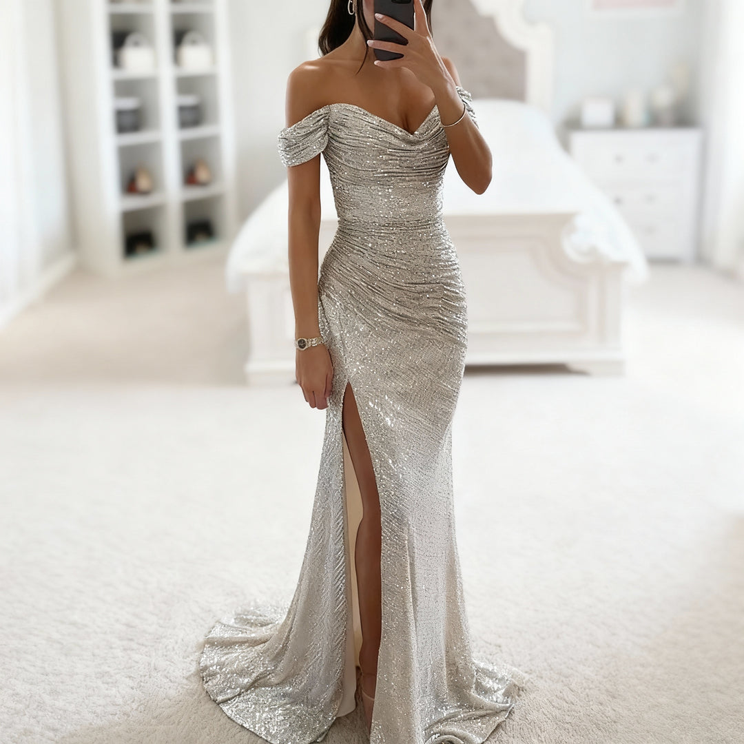 R&B | Off Shoulder Abendkleid mit Pailletten, Schlitz und Figurbetontem Schnitt für Damen