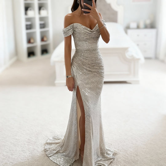 R&B | Off Shoulder Abendkleid mit Pailletten, Schlitz und Figurbetontem Schnitt für Damen