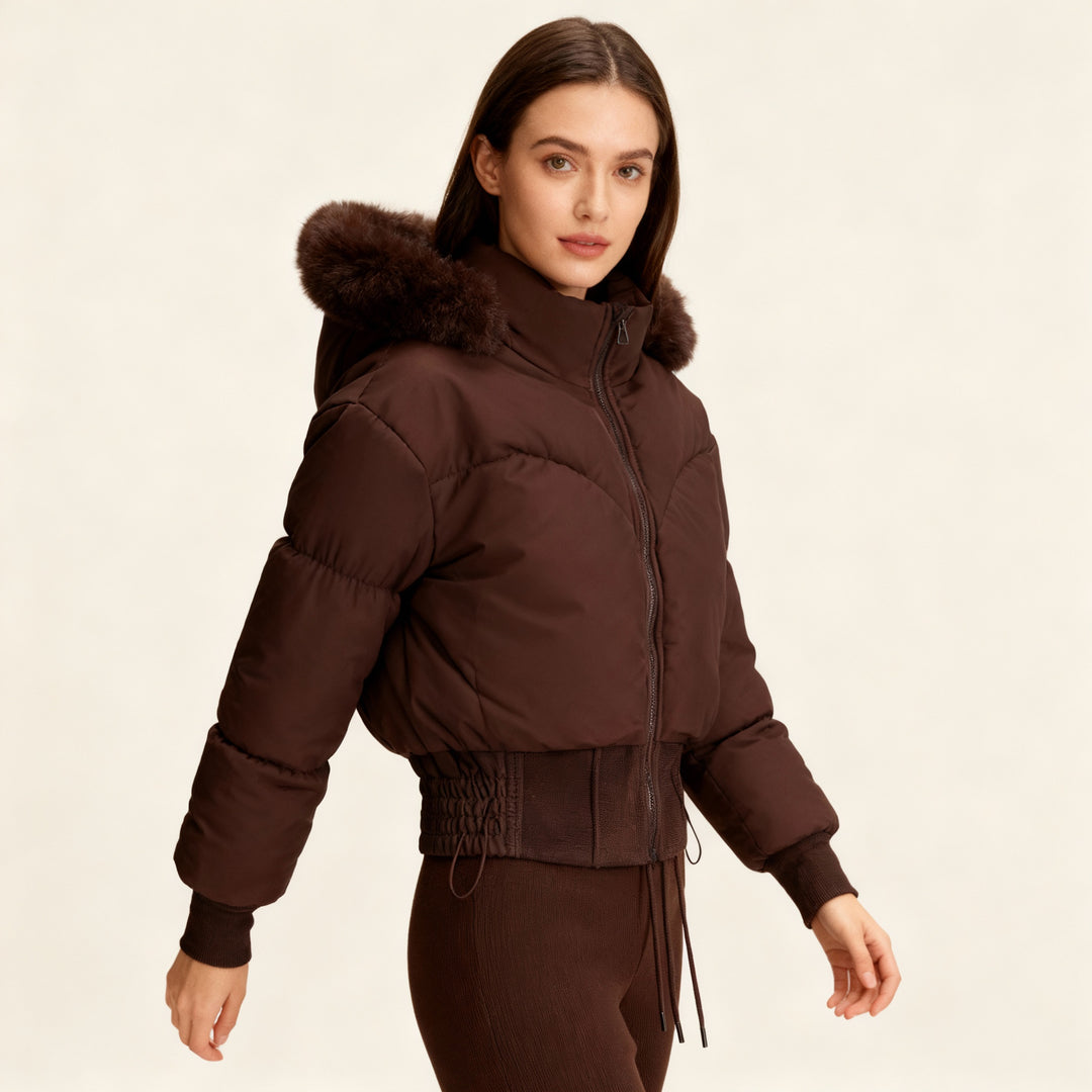 Damen cropped Daunenjacke mit abnehmbarer Kapuze und Kunstfellbesatz