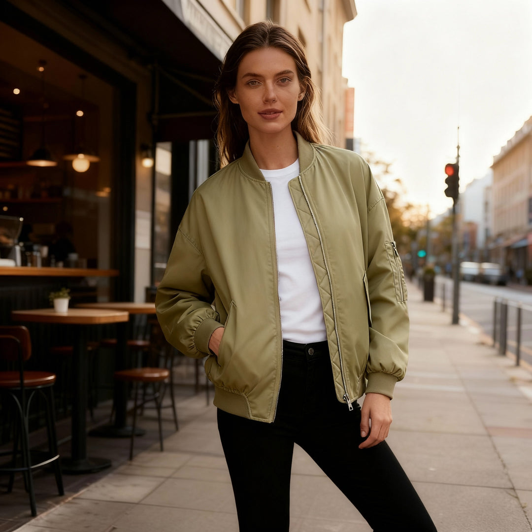 Damen sportliche Bomberjacke mit praktischen Taschen und Stehkragen R&B