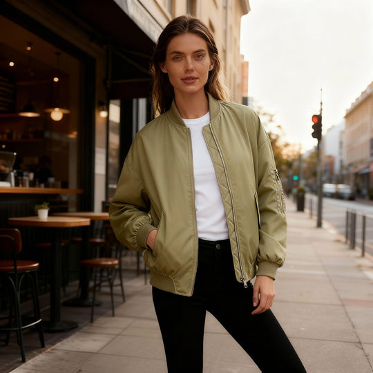 Damen lässige Oversized-Bomberjacke mit praktischen seitlichen Eingrifftaschen und Stehkragen R&B