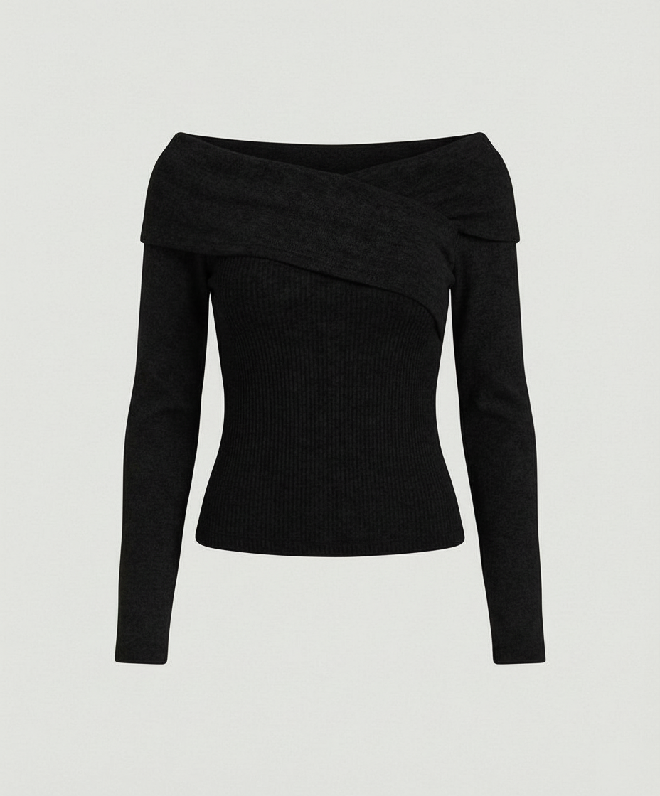 Französisches V-Ausschnitt Langarmshirt Damen Slim Fit Stretch Oberteil