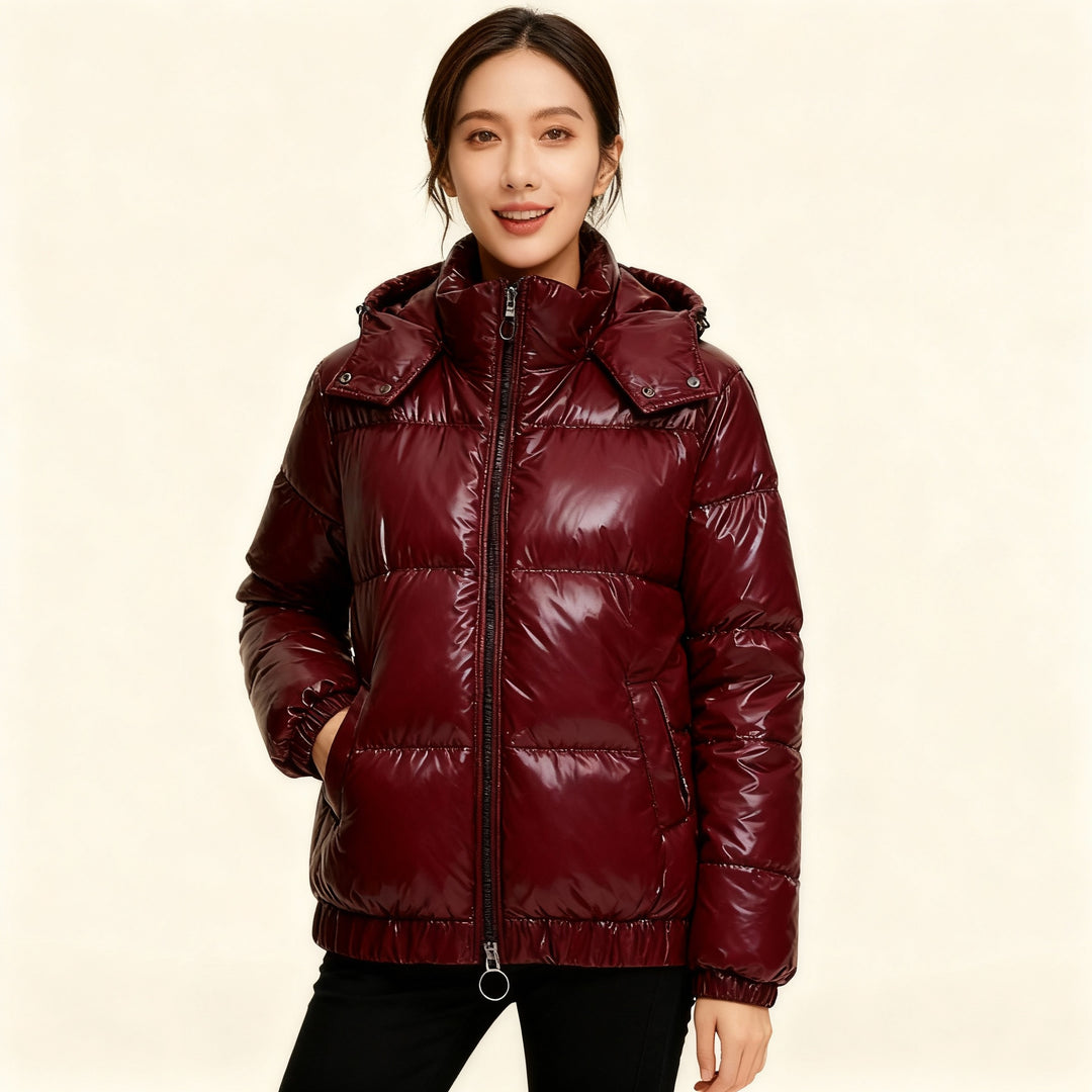 Damen glänzende Winterjacke mit Kapuze – Wasserabweisend & Wärmeisoliert – R&B
