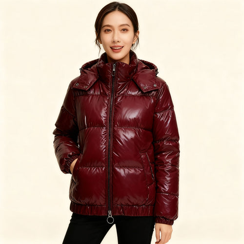 Damen glänzende Winterjacke mit Kapuze – Wasserabweisend & Wärmeisoliert – R&B