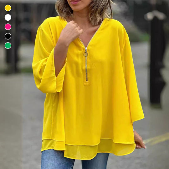 R&B | Chiffon Reißverschluss Top mit V-Ausschnitt