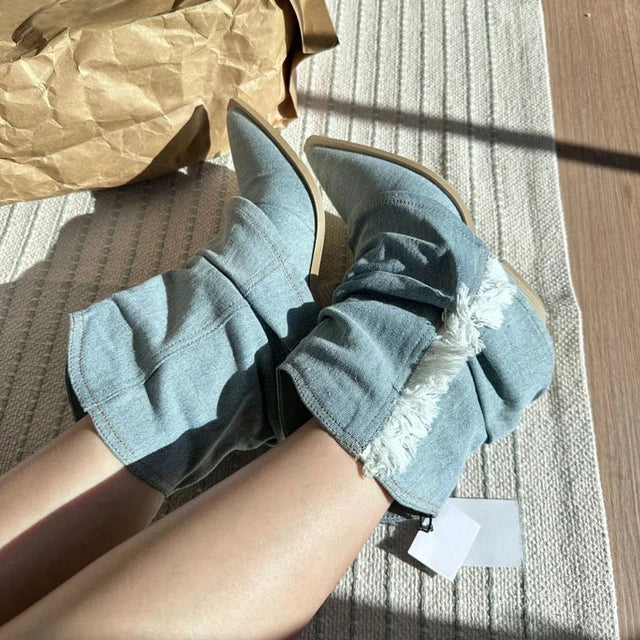 R&B | Blau Denim Oberschenkel Hohe Stiefel
