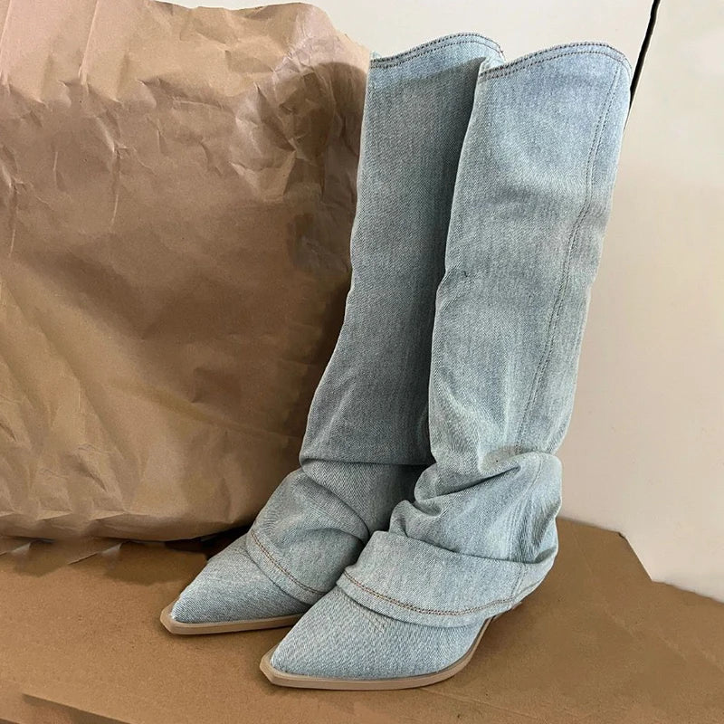 R&B | Blau Denim Oberschenkel Hohe Stiefel