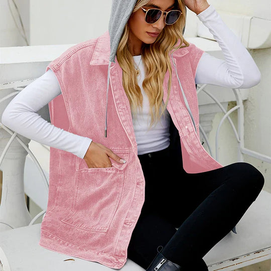 R&B | Denim Weste mit Kapuze und Used-Look