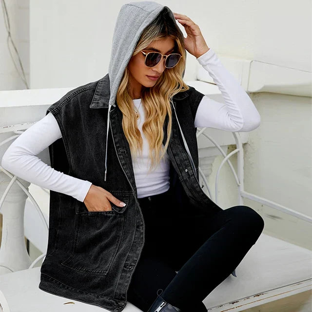 R&B | Denim Weste mit Kapuze und Used-Look