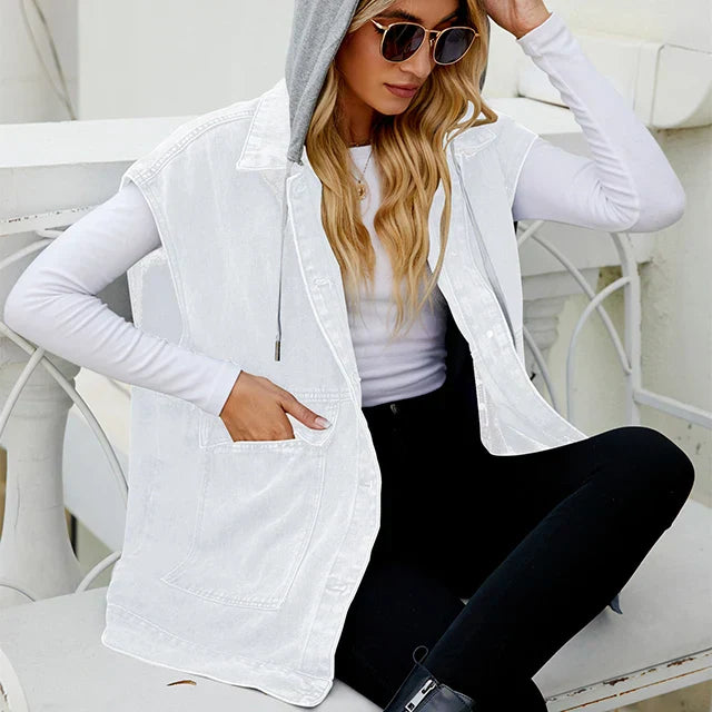 R&B | Denim Weste mit Kapuze und Used-Look