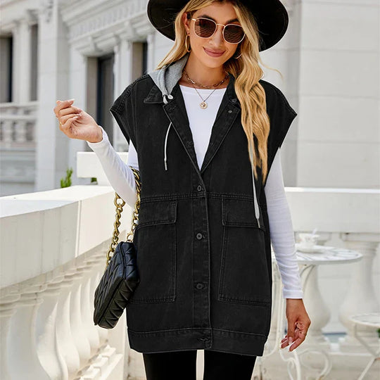 R&B | Denim Weste mit Kapuze und Used-Look