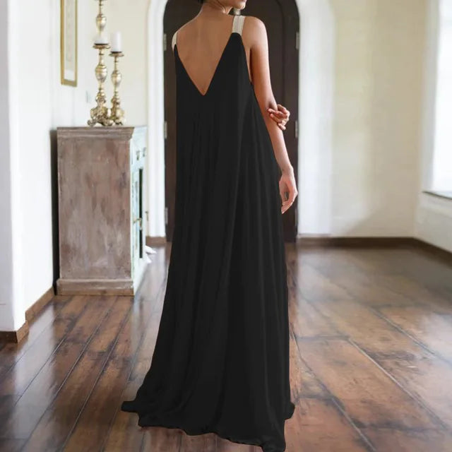 Chloë | Damen Maxikleid im Boho-Stil mit V-Ausschnitt, ärmellos, Sommer, einfarbig, lockere Passform