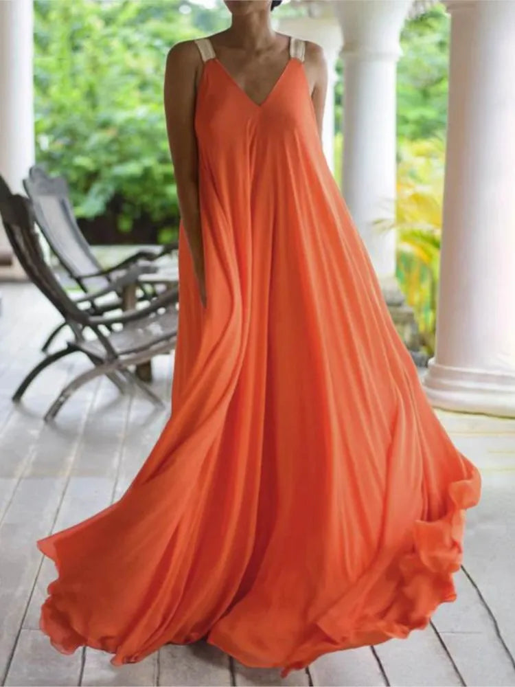 Chloë | Damen Maxikleid im Boho-Stil mit V-Ausschnitt, ärmellos, Sommer, einfarbig, lockere Passform