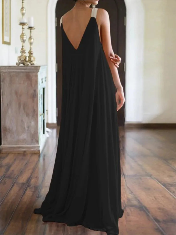 Chloë | Damen Maxikleid im Boho-Stil mit V-Ausschnitt, ärmellos, Sommer, einfarbig, lockere Passform