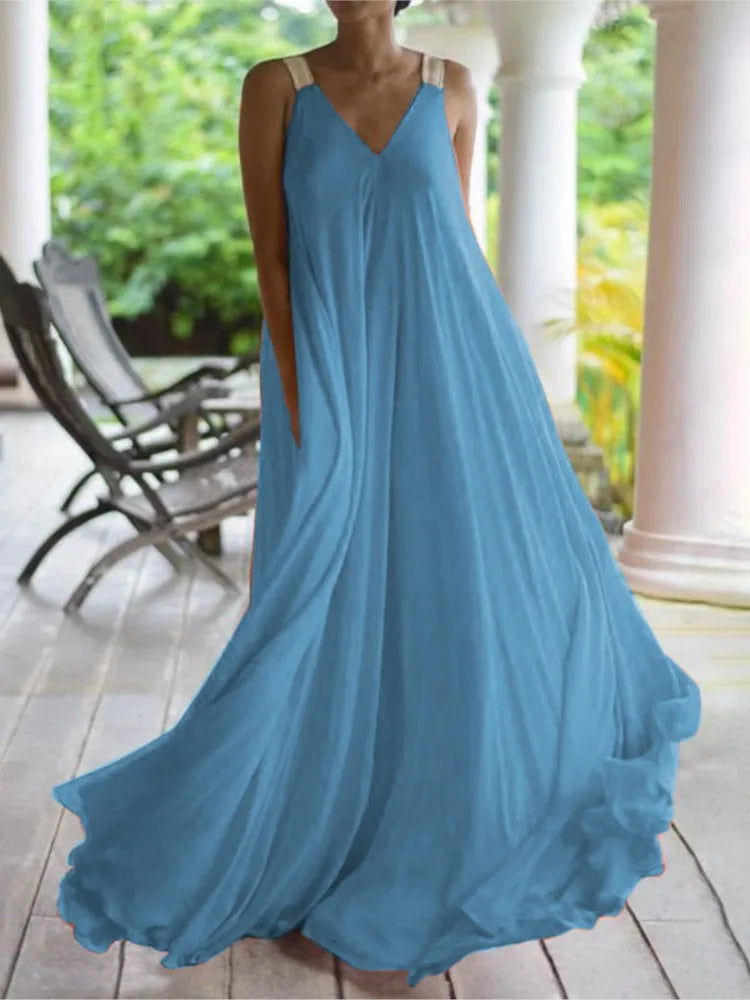 Chloë | Damen Maxikleid im Boho-Stil mit V-Ausschnitt, ärmellos, Sommer, einfarbig, lockere Passform