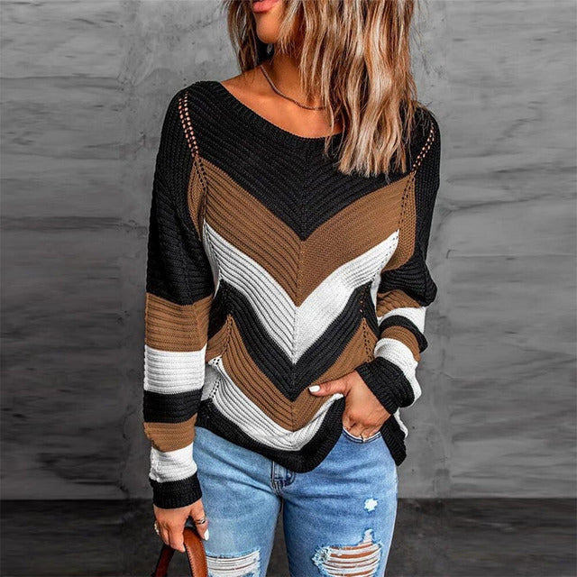 R&B | Pullover - Damen Herbstgestreifter Patchwork Strickpullover