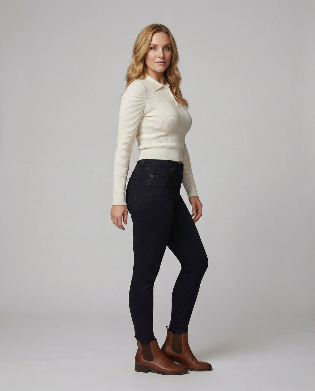 Figurbetonter Damen Langarm Strickpullover mit Polokragen im schicken Korea-Stil