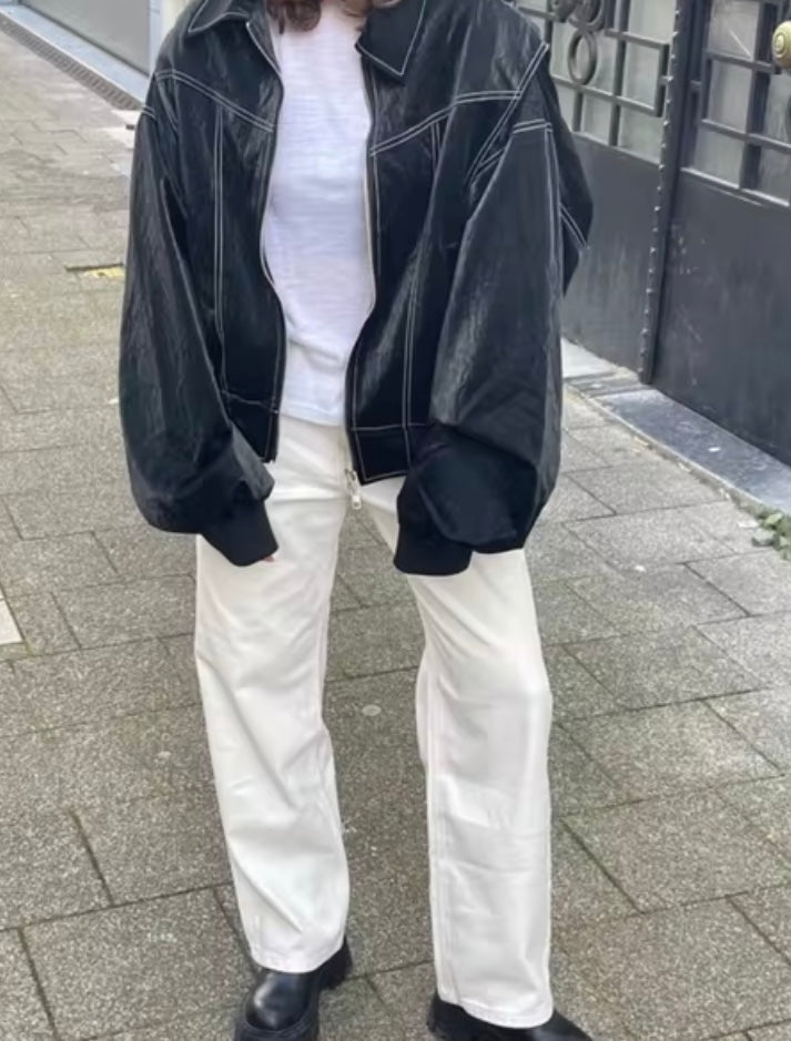 R&B | Oversized Kunstleder Bomberjacke Streetstyle Übergangsjacke Trendige Freizeitmode