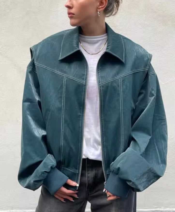 R&B | Oversized Kunstleder Bomberjacke Streetstyle Übergangsjacke Trendige Freizeitmode