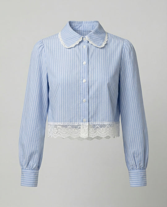 Französische Chic Bluse mit Blumenstickerei Spitze Gestreift Herbst Jacke