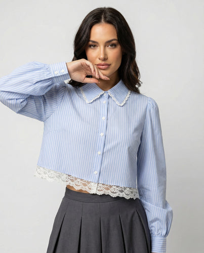 Französische Chic Bluse mit Blumenstickerei Spitze Gestreift Herbst Jacke