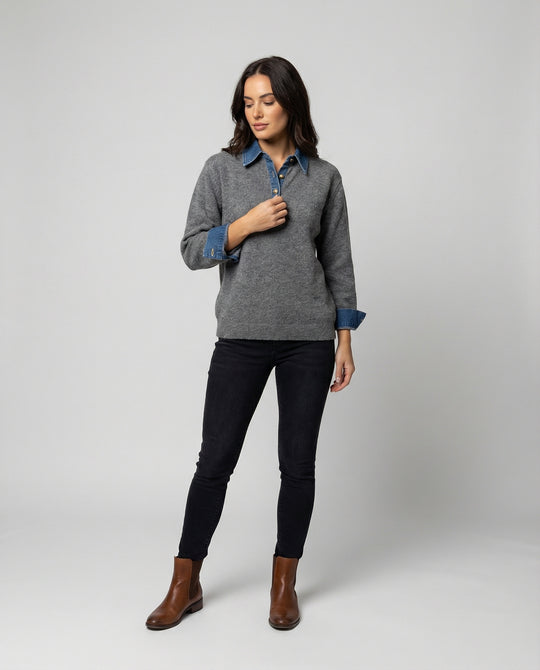 Französisches Denim Patchwork Oberteil für Damen im schicken Lagen-Look