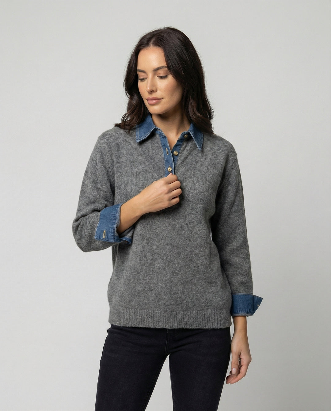 Französisches Denim Patchwork Oberteil für Damen im schicken Lagen-Look