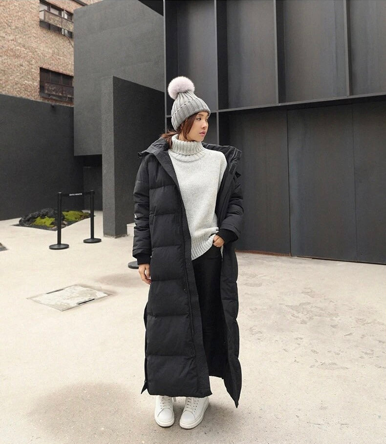 R&B | Lange Gequiltete Puffer Damenjacke mit Kapuze