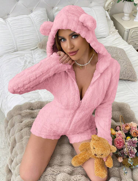 „Bär“ Damen Overall Geformte Kapuzen-Bär Bestickter Plüsch Schlafanzug