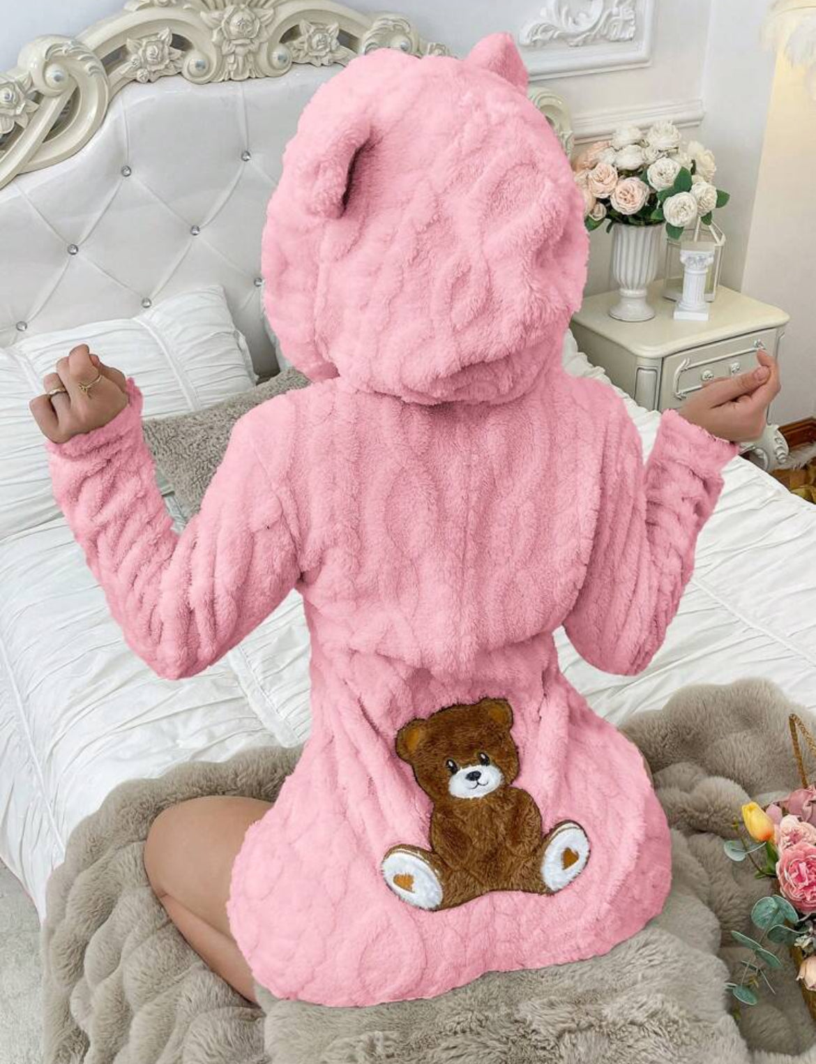 „Bär“ Damen Overall Geformte Kapuzen-Bär Bestickter Plüsch Schlafanzug