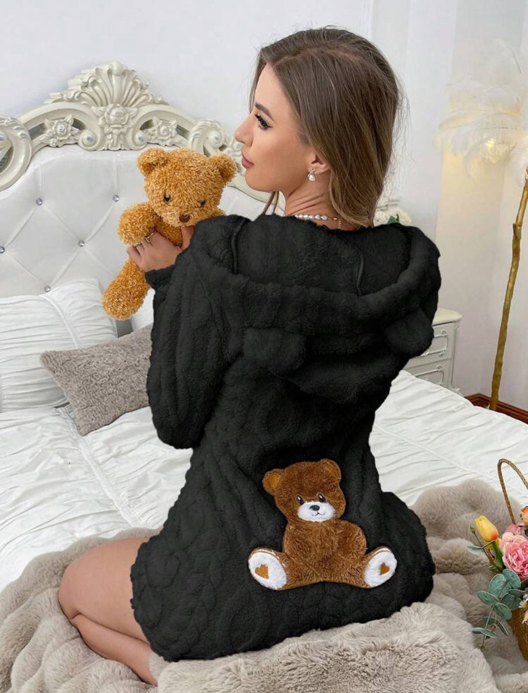 „Bär“ Damen Overall Geformte Kapuzen-Bär Bestickter Plüsch Schlafanzug