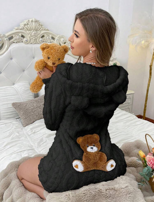 „Bär“ Damen Overall Geformte Kapuzen-Bär Bestickter Plüsch Schlafanzug