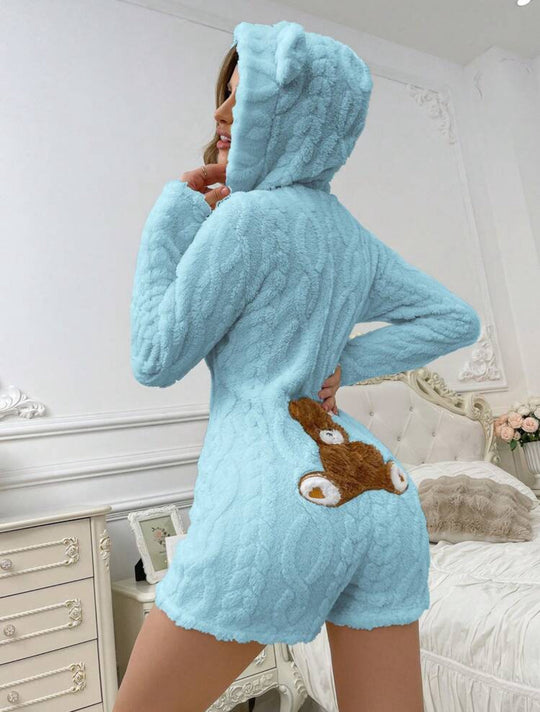 „Bär“ Damen Overall Geformte Kapuzen-Bär Bestickter Plüsch Schlafanzug