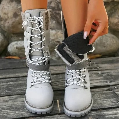 R&B | Knöchelhohe Strickstiefel mit Schnürsenkeln, Reißverschluss und Riemen