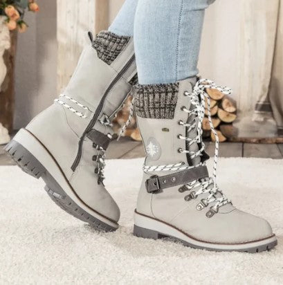 R&B | Knöchelhohe Strickstiefel mit Schnürsenkeln, Reißverschluss und Riemen