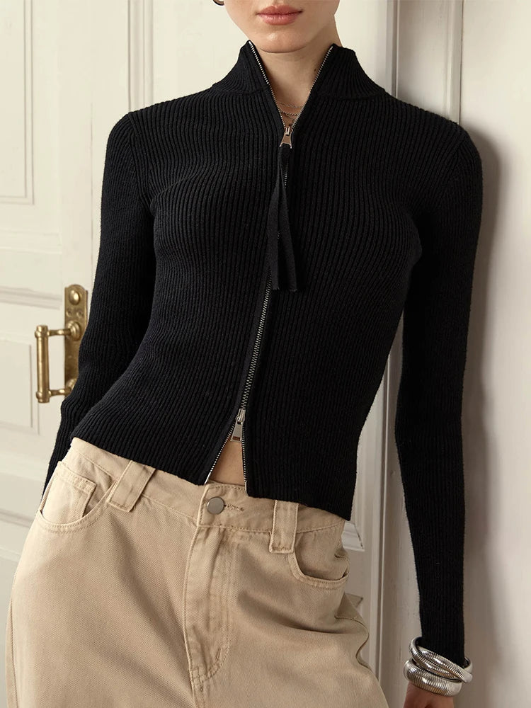 R&B | Damen Slim Fit Strickjacke mit Reißverschluss und Stehkragen